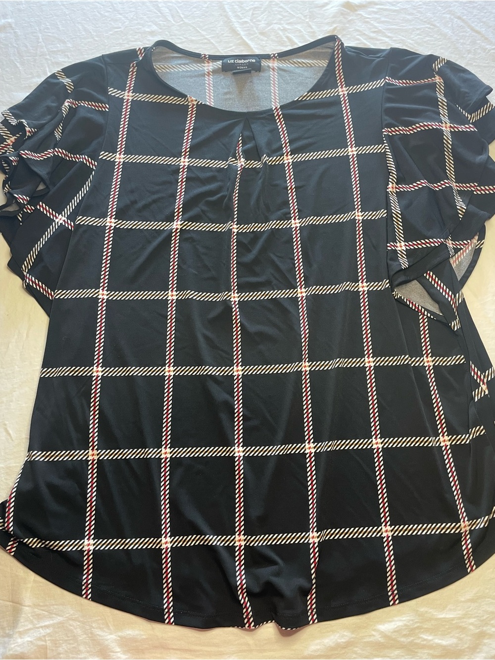 Liz Claiborne Career Women’s Black and Red Plaid Short-Sleeve Blouse PRELOVED